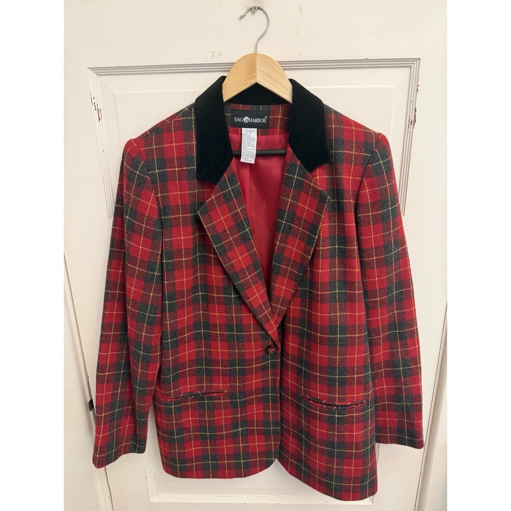 Sag Harbor Vintage Red Tartan Plaid Blazer Velvet Collar Dark Academia Size 12